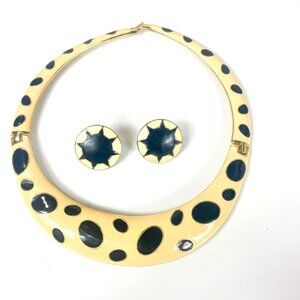 Enameled Cream Black Dots Leopard Torque Necklace Coordinating Clip-On Earrings